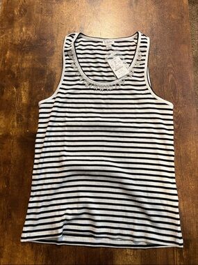 J. Crew Black and White Striped Ribbed Tank with Beaded Fringe Trim Size L